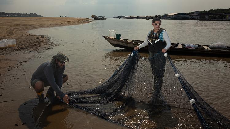 Os biólogos Rafael Duarte e Susana Braz-Mota capturam peixes em Tefé para seus experimentos Os biólogos Rafael Duarte e Susana Braz-Mota capturam peixes em Tefé para seus experimentos