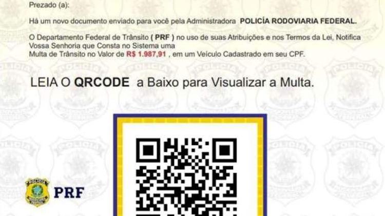 Exemplo de mensagem falsa, que tenta se passar por notificação oficial da PRF Exemplo de mensagem falsa, que tenta se passar por notificação oficial da PRF