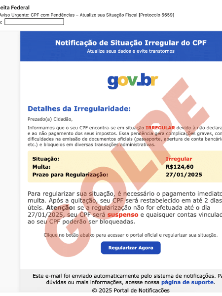 Print de um email falso usado no golpe Print de um email falso usado no golpe