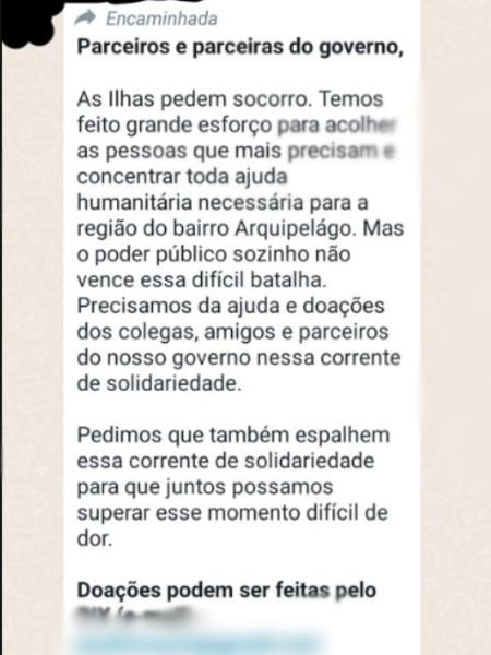 Mensagem em aplicativo pede doações a assessor da prefeitura Mensagem em aplicativo pede doações a assessor da prefeitura