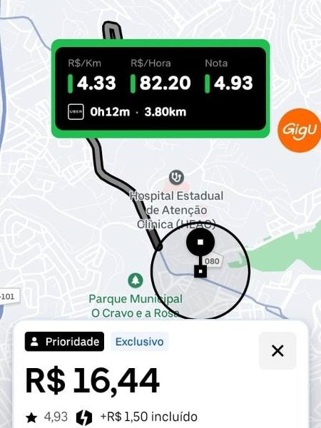 Captura de tela do app GigU; solução sinaliza para motoristas corridas que valem a pena com a cor verde Captura de tela do app GigU; solução sinaliza para motoristas corridas que valem a pena com a cor verde