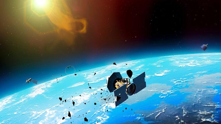 Detritos na órbita da Terra podem causar danos a satélites - e não há normas claras sobre quem deve limpar este lixo espacial Detritos na órbita da Terra podem causar danos a satélites - e não há normas claras sobre quem deve limpar este lixo espacial
